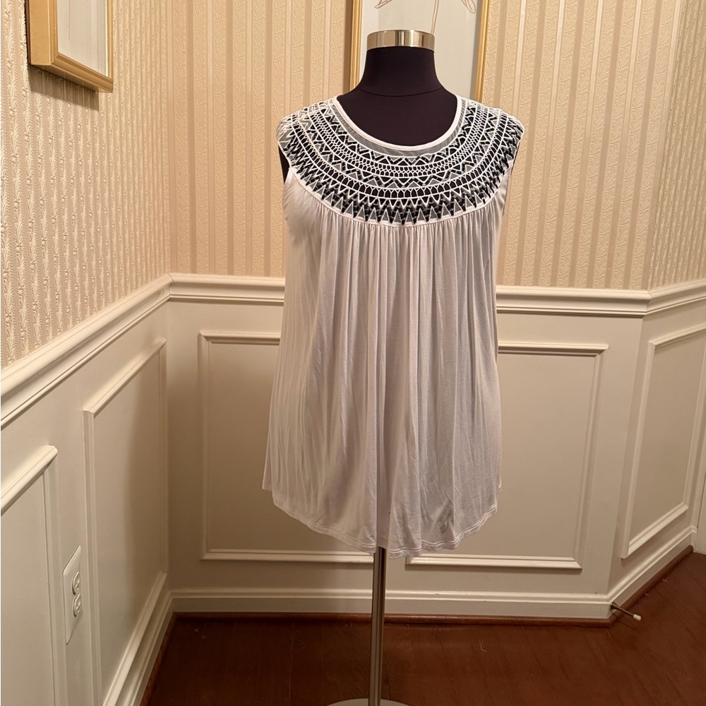 Ashley Stewart White Tank with Black Embroidered Yoke